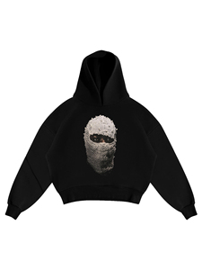Sweat-shirt à capuche noir pour homme avec imprimé masque souriant, style streetwear, coupe ajustée, tricoté 100% coton, anti-plis, automne, logo frontal - Product Image 3
