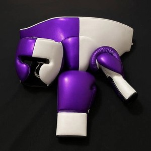 Équipement de boxe professionnel, design sur mesure, ensemble d'entraînement de boxe, gants de sparring violets et blancs, protège-tête, protège-glandes. - Product Image 1