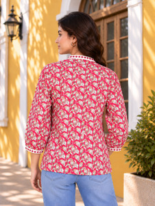 Women's <b>Floral</b> Print Poplin Blouse Three Quarter Sleeve Button Down Collar Casual Spring Summer Regular Fit Blue <b>Jeans</b> Outfit - Product Image 4