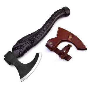 Hache de camping personnalisée faite à la main avec manche en bois sculpté en forme de dragon et étui en cuir - Product Image 1