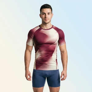Men Sporty Compression Shirt Short Sleeve O-Neck Slim Fit Gradient Geometric Pattern Quick Dry Polyester Jersey Workout Gym - Product Image 1