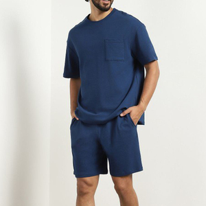 T-shirt à manches courtes bleu marine pour homme avec poche, col rond, décontracté, respirant, été, ensemble de shorts 100% coton - Product Image 3
