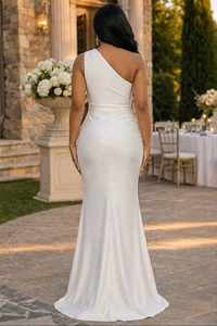 Nuevo y elegante vestido de noche largo de satén color borgoña, con un solo hombro descubierto, sin mangas, para fiestas formales, para mujer. - Product Image 3