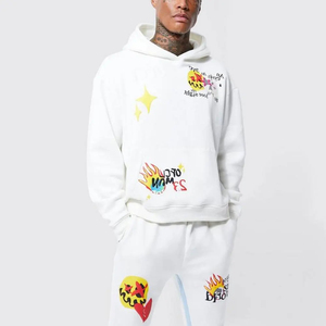 Sweat-shirt à capuche oversize blanc pour homme, style streetwear, imprimé, en coton French Terry, manches classiques, avec poches, pour l'automne - Product Image 1