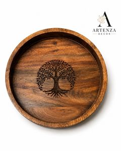 Plateau de service rond en bois fait main résistant à la chaleur, motif arbre, pour mariage, fête, table à manger et décoration intérieure - Product Image 1