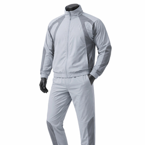 Ensemble de survêtement coupe-vent gris clair pour homme, léger, avec blocs de couleur, veste zippée intégrale et pantalon de jogging, logo personnalisé OEM - Product Image 4