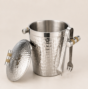 Hammered Stainless Steel Ice <b>Bucket</b> with Lid and Tongs Insulated Double Wall <b>Champagne</b> Wine Chiller <b>Bucket</b> for Home Bar Supplies - Product Image 1