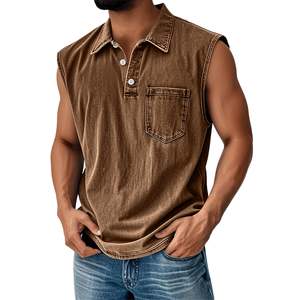 Factory Directly Wholesale OEM Sleeveless Shirts for Men Vintage Distressed Washed Button V Neck Polo Shirts Vintage Gym Tops - Product Image 5