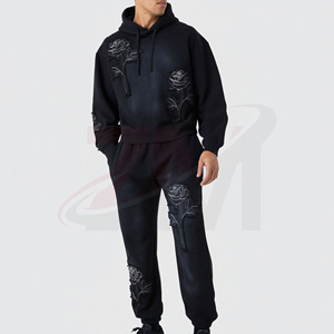 Conjunto Deportivo Informal para Hombre, Sudadera con Capucha Bordada con Flores Negras, Manga Larga, Ropa de Calle para Otoño, 100% Algodón, Corte Regular - Product Image 1