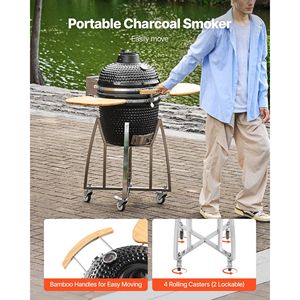 18\" Kamado Charcoal BBQ Smoker Grill Movable Ceramic <b>Camping</b> Grill with 4 Wheels (2 Lockable) Built-in Features - Product Image 2