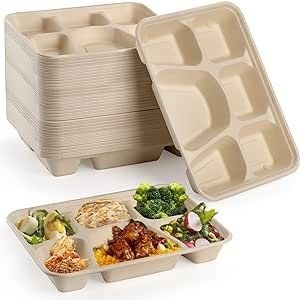 Assiette alimentaire en fibre de canne à sucre pour un emballage de repas sain et un service bento, assiettes à repas à 6 compartiments, combinaison salade et dessert - Product Image 1