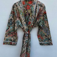 Ropa de Dormir, Batas de Baño, Ropa Indiana para Mujer, Batas Largas de Algodón con Estampado Floral, Venta al por Mayor, Kimonos de Alta Calidad
