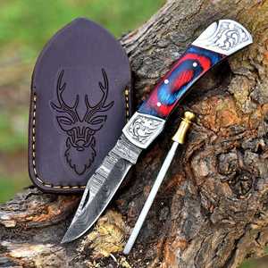 High Quality Damascus Steel Pocket Folding Knife Handmade Outdoor Foldable Knife with Wooden Handle for Hiking and <b>Camping</b> - Product Image 1