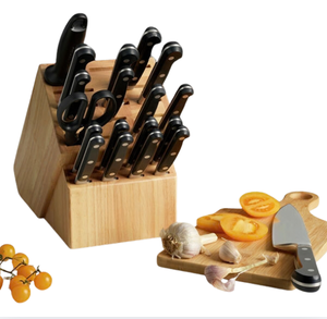 Ensemble de couteaux de cuisine à lames argentées et poignées rivetées noires avec bloc de rangement beige et ciseaux pour couper les fruits et préparer les légumes - Product Image 5