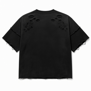 Camiseta Oversize Negra para Hombre con Efecto Desgastado, Agujeros y Bajo sin Rematar, Manga Corta, Cuello Redondo, Estilo Urbano - Product Image 1