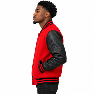 Chaqueta universitaria roja y negra para hombre de Cosh International con mangas de cuero auténtico y botones estilo béisbol - Product Image 5