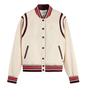 Blouson universitaire pour femme en gros, crème et bordeaux, avec bordure contrastante, manches longues, col rabattu, simple boutonnage, pour l'automne - Product Image 1