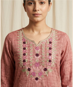 Kurti rose en jute et coton pour femme, col en V, brodé, tunique droite, manches trois quarts, détails floraux, tenue décontractée ethnique pour tous les jours - Product Image 3