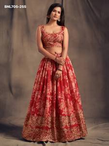 High Quality Organza with Floral Print-<b>Sequin</b>-Zari Embroidered Flared <b>Red</b> Lehenga-Choli Set Woman Fashion Manufacturer - Product Image 4