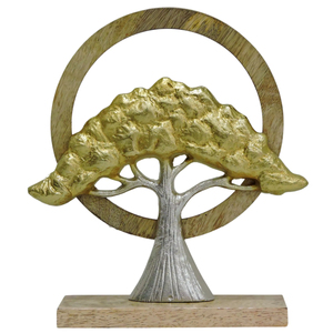 Elegante Escultura de Árbol de la Vida en Aluminio sobre Base de Madera - Decoración Moderna de Metal Dorado y Plateado para Mesa de Hogar y Oficina - Product Image 1