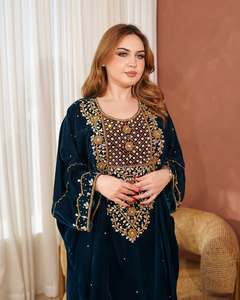 Women's Navy Blue Polyester Organza Embroidered Stretchable Modest Abaya <b>Plus</b> <b>Size</b> Floor Length Long Sleeve Sweetheart Neckline - Product Image 4