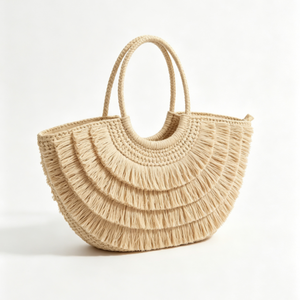 Customized Beige fan‑shaped fringe <b>straw</b> tote <b>bag</b>, layered tassel woven handbag,crocheted <b>straw</b> shoulder <b>bag</b> - Product Image 3