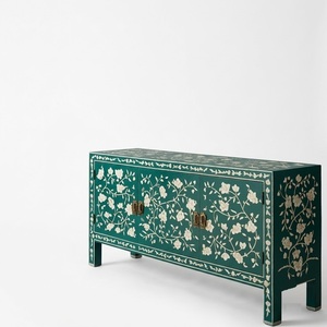 Sky <b>Blue</b> Bone Inlay <b>Bedside</b> <b>Table</b> With 2 Drawers Handmade Floral Pattern Wooden Nightstand Bedroom Storage Cabinet Furniture Who - Product Image 4