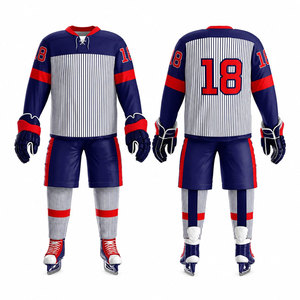Ensemble d'uniformes de hockey sur glace pour hommes, impression sublimée, évacuation de l'humidité, manches longues, design rayé, numéro 18, bleu, rouge, blanc, taille adulte - Product Image 1