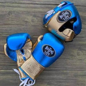 Guantes de Boxeo Personalizados de Cuero Genuino con Cordones Estilo Mexicano 'No Boxing No Life' y Protector de Cabeza con Barra Protectora para las Mejillas - Product Image 1
