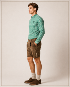 Ensemble de costume traditionnel bavarois allemand pour homme, Lederhosen personnalisé de qualité supérieure, short en cuir authentique, chemise à carreaux verts - Product Image 4