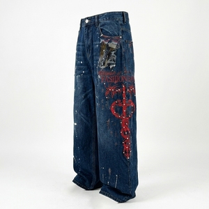 Vintage American Style Men's Denim <b>Pants</b> Diamond Studded High Street Printed Tie Dye Loose Fitting Wide Straight Jeans - Product Image 4