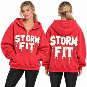 Sudadera con capucha de media cremallera para mujer, color rosa claro, estilo Storm Fit, con apliques de letras, hombros caídos, bolsillo canguro, informal, de forro polar, estilo urbano, cortavientos - Product Image 2