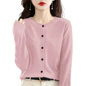 Cardigan en cachemire rose mélangé pour femme, col rond, boutons sur le devant, manches longues, cardigan court tricoté pour le printemps, l'automne et l'hiver - Product Image 1