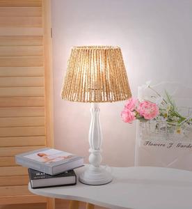 Farmhouse Style White Wood Table Lamp with Beige <b>Rope</b> Bell Shade Warm <b>Light</b> Residential Use - Product Image 2