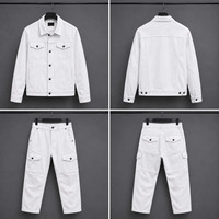 Ensemble veste bomber longue et pantalon blanc pour homme, logo frontal, cuir PU, couleur unie, col rabattu, fermeture boutonnée, vêtement de printemps
