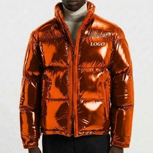 Men Orange Metallic Puffer <b>Jacket</b> Stand Collar Zipper Closure Windproof Winter Casual Thick Polyester Fiber Filling - Product Image 3