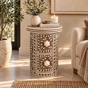 Mesa Auxiliar Floral con Incrustaciones de Hueso Hecha a Mano, Mesita de Noche Personalizable con Cajones, Mesa Decorativa para el Hogar - Product Image 2