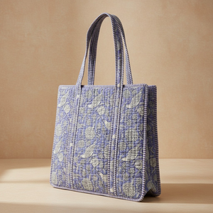 Quilted Tote <b>Bag</b> Cotton Indian Hand Block Print Embroidery Zipper Closure <b>Lavender</b> Blue Floral Bohemian for Women Wholesale - Product Image 1