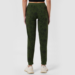 Women's Green Floral Printed Jogger Pants Mid Waist Drawstring Ankle-Length Casual Knitted Spandex Cotton Blend Pants - Product Image 2