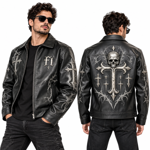 Veste en cuir PU pour homme, style streetwear vintage, imprimé croix métallique, impression DTG, mode Y2K, vente en gros OEM - Product Image 1