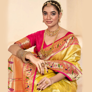 Golden <b>Tissue</b> Silk Saree Rich Shimmer Texture Artistic Woven Pattern Designer Indian Diwali Party <b>Wedding</b> Wear Floor-Length - Product Image 2