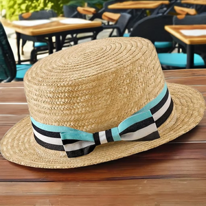 Chapeau de paille cloche d'été fait main avec motif à carreaux, fleur et nœud, idéal pour la plage et les voyages, vente en gros Hanoi ViettimeCraft - Product Image 5