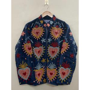 Hand Embroidered Velvet Knitted Cotton <b>Jacket</b> <b>Women</b> Mandarin Collar Full Sleeve Floral Pattern Open Front Prairie Winter/<b>Spring</b> - Product Image 1