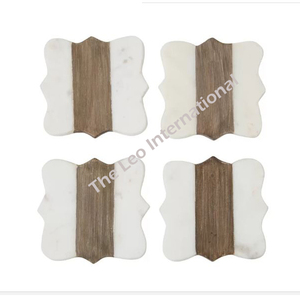 <b>Tea</b> Coaster <b>Wood</b> and Marble Material <b>Set</b> of 4 Dining Table Accessories for White Marble and <b>Wood</b> Coaster with Metal Stand <b>Set</b> - Product Image 2