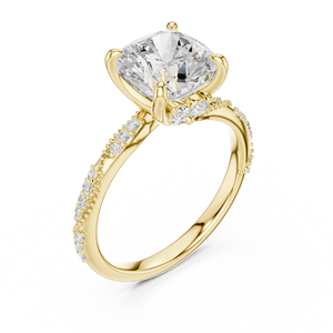 Bague de fiançailles en or jaune avec diamant de laboratoire taille coussin et pavé, bague de mariage pour femme, bijoux fins - Product Image 2