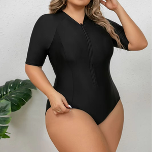 Maillot de bain sport une pièce sexy grande taille couleur unie avec fermeture éclair pour femme, combinaison de surf moulante à manches courtes, tenue de plage OEM - Product Image 3