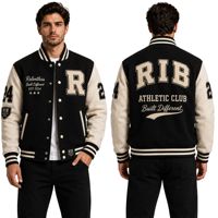 Veste universitaire traditionnelle en tricot côtelé, col montant, corps 100% laine, manches blanches, broderie au dos, design noir et blanc