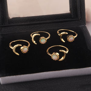 Natural fire ethiopian opal gemstone celestial <b>ring</b> 18k gold plating crescent <b>moon</b> adjustable open stacking jewelry for wedding - Product Image 3