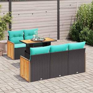 6 Piece Black Poly Rattan Acacia Garden <b>Sofa</b> <b>Set</b> with Cushions - Product Image 1