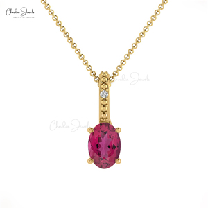 Colgante de oro macizo de 14k con turmalina rosa ovalada de 6x4mm y diamante G-H con engaste oculto, proveedor popular al por mayor - Product Image 1